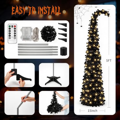Black Curved Halloween Tree 5FT with Remote & Timer - Sequin Decor - Variation: Black-8