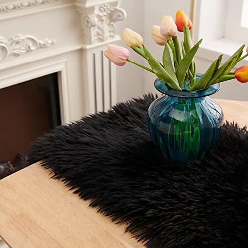 Faux Fur Table Runner 11.8x59.1 Inch Black Furry Dresser Cover Decor