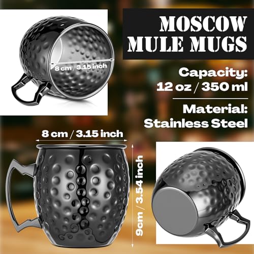 12 oz Black Hammered Stainless Steel Moscow Mule Mugs with Handle - Set of 12 - Copper Plating