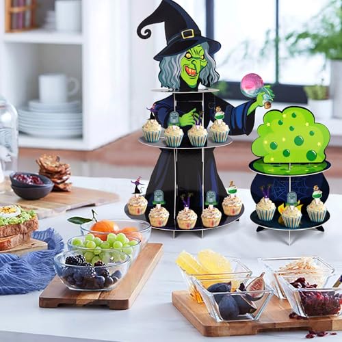 Halloween Cupcake Stand Set with 24 Toppers - 3-Tier Cauldron & Witch Designs