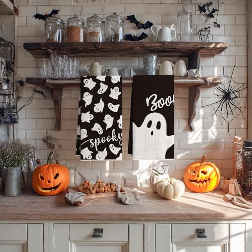 Microfiber Kitchen Towels Set of 2 - 18x26 Inch Black Ghost Spooky Design, Quick Dry & Absorbent
