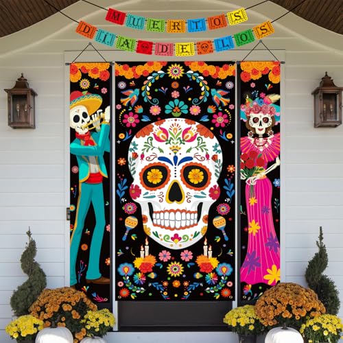 Dia De Los Muertos Decorations Set - Porch Signs, Banners & Door Cover for Halloween & Cultural Celebrations
