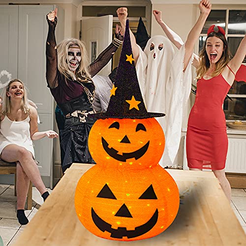 3FT Halloween Collapsible Pumpkin Decor with Lights, Star Hat, 8 Modes