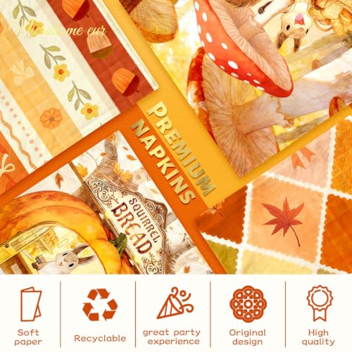 Thanksgiving Paper Napkins - Squirrel Pumpkin Fall Leaves 48 Pack, 6.5" x 6.5"