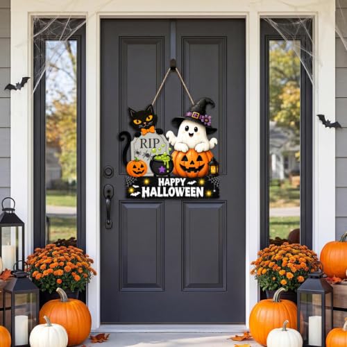 Halloween Welcome Wreath - Wooden Black Cat Ghost Pumpkin Door Decor - 12x12 Inches - Variation: Halloween