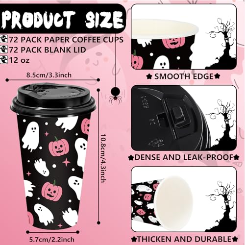 Pink Halloween Disposable Coffee Cups with Lids - 12oz Ghost Bat Pumpkin Set, 72 Pack