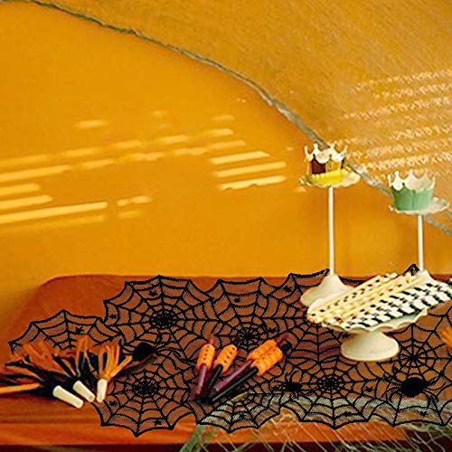 Black Lace Halloween Decorations Set - Spider Web Tablecloth & Mantel Scarf - 3 Pack