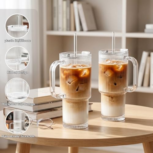 24 oz Ribbed Glass Tumbler with Handle - 2 Pack, Spill-Resistant Lid & Reusable Straw