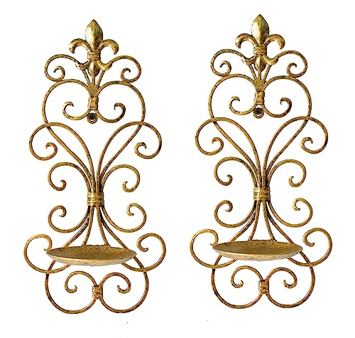 Antique Gold Wall Sconce Candle Holder Set of 2 - Metal Hanging Wall Decor for Living & Dining