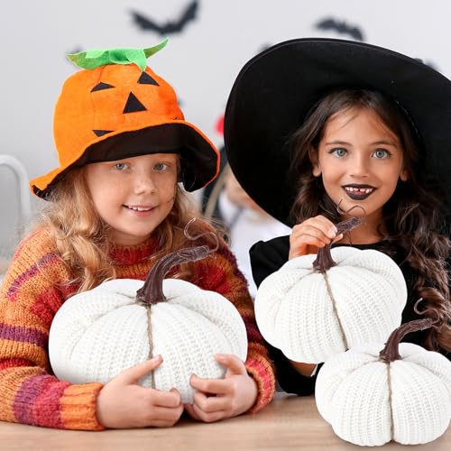 White Crochet Pumpkin Decor Set - 6 Large 6-Inch Fall Halloween Thanksgiving