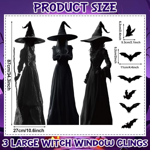 Large Halloween Window Clings - Witch & Bat Silhouette Decals for Glass, Reusable & Scary Decorations
