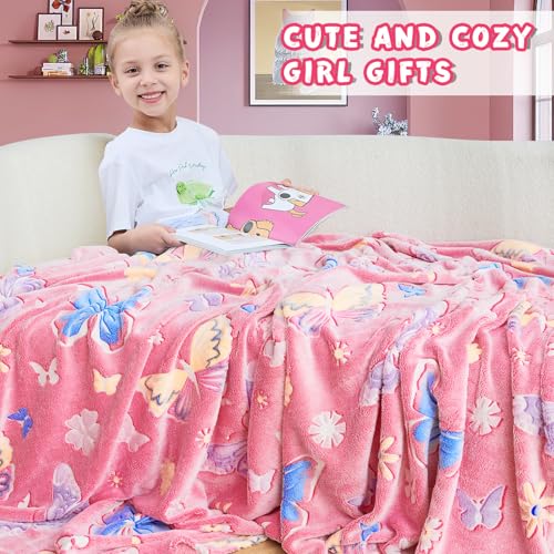 Glow in the Dark Butterfly Blanket for Girls - Pink 50x60 Inches, Kids Room Decor & Gift