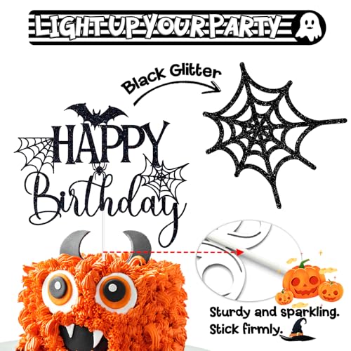 Halloween Ghost and Spider Cake Topper - Black Glitter Birthday Decor