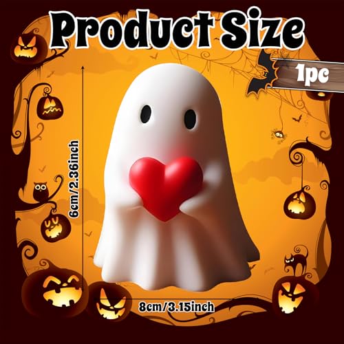 Halloween Cute Ghost Figurine with Red Heart - Ceramic Halloween Decor, Shelf or Mantel Decoration - Variation of THIS listing