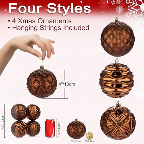 Large Bronze Christmas Ornaments Balls Set of 4 - Shatterproof Holiday Tree Decor