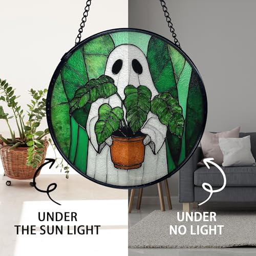 Halloween Ghost Stained Glass Sun Catcher - Indoor Window Wall Decor, 7.9 Inch