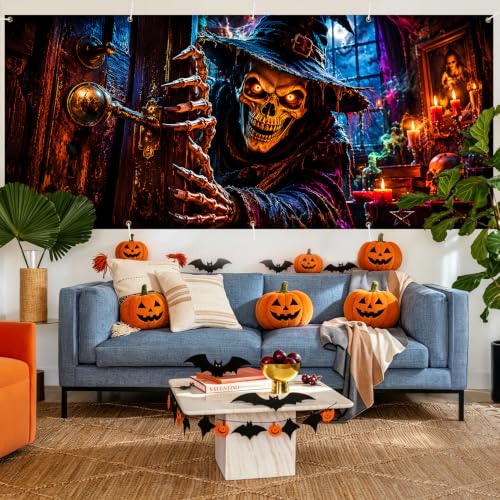 Gothic Halloween Garage Door Banner 7x16ft - Spooky Skeleton Wizard Outdoor Decoration - Halloween House Front Tapestry - Variation 263