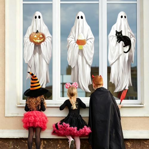 Halloween Ghost Window Clings - Spooky Reusable Stickers for Glass, 3 Pack - Black Cat & Pumpkin Decorations - Variation: Ghost