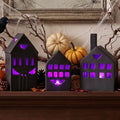 Halloween Village Ceramic Haunted House Figurine Set with Timer & LED Lights