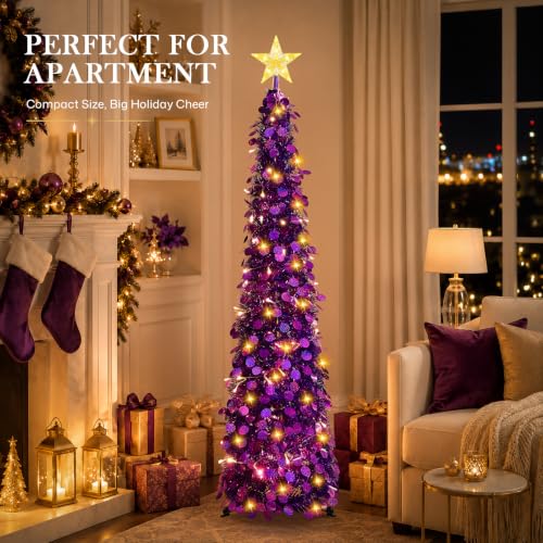 5FT Purple Lighted Christmas Tree with Star Topper - Pop-Up Holiday Decor