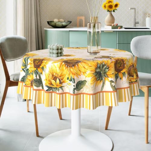 Sunflower Round Tablecloth 60 Inch - Summer Dining Decor, Wrinkle-Resistant