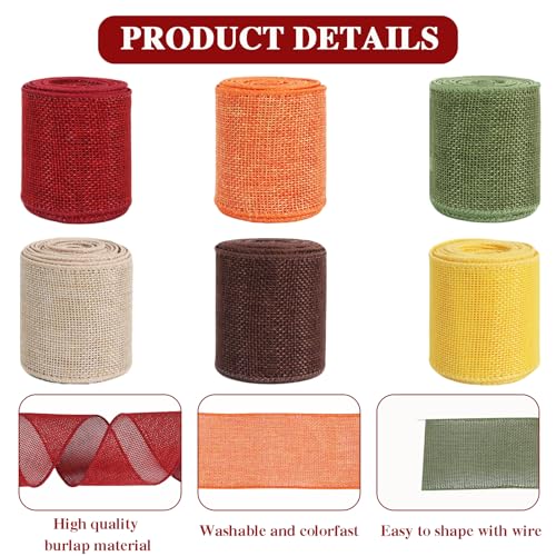 Fall Burlap Wired Ribbon Set - 6 Rolls, 2.5 Inch Wide, Autumn Colors, Gift & Wreath Decor