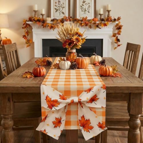 Fall Table Runner Orange Plaid Decor with Bowknot 13'' x 60'' - Autumn Harvest Thanksgiving Halloween