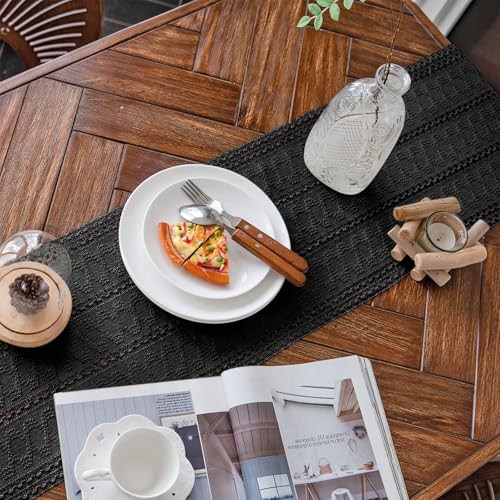 Macrame Table Runner Black Boho 12x48in with Tassels - Solid Variation