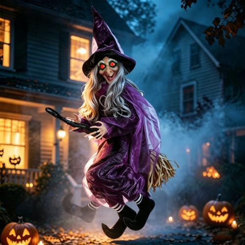 Flying Witch Halloween Decoration - Animated 4ft Hanging Prop with Lighted Eyes and Sound Activation for Yard & Indoor Haunted House
