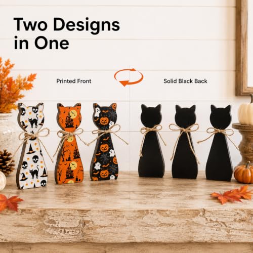 Halloween Cat Figurines Set - Black & White Rustic Wooden Decor for Tiered Tray, Mantle & Shelf