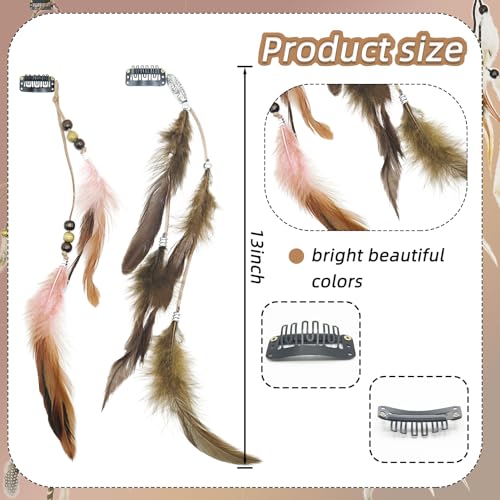 Feather Hair Clips Set - Boho 13 Inch Handmade Tribal Feather Accessories Pink + Coffee