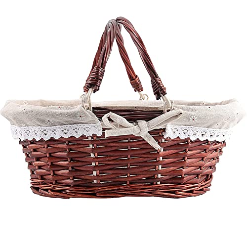 Small Wicker Picnic Basket Set with Linen Lining and Handles - Brown Willow Woven Baskets for Food and Gift Storage (2 Pieces)