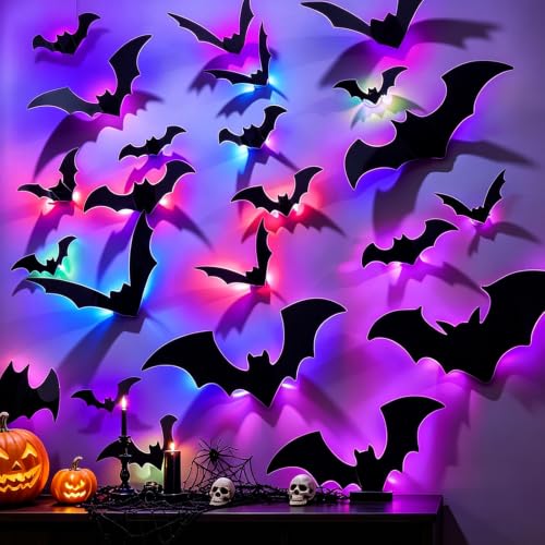 Multicolor 40 Pcs Light Up Bat Wall Decor - 3D Halloween Lighted Bat Stickers