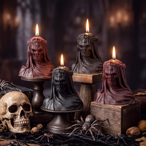 Halloween Skull Candles - Gothic Veiled Skeleton Decor, Red & Black Set