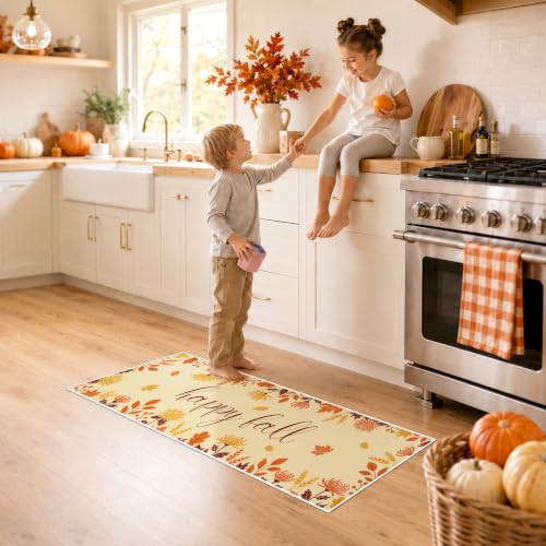 WERNNSAI Fall Kitchen Rugs Set of 2 - Brown Non-Slip Pumpkin Mat for Floor