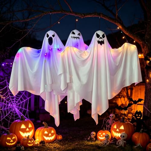 Halloween Hanging Ghost Decorations with String Lights - 3 Pack, 27.6 Inch Outdoor Yard Decor