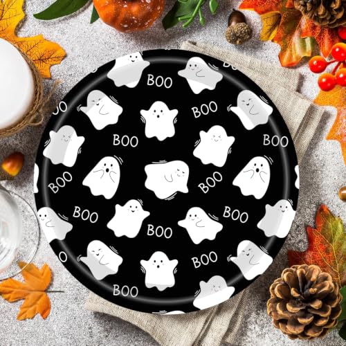 Halloween Ghost and Pumpkin Paper Plates 7 Inch - White, 50 Pack