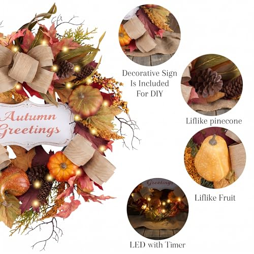 24-Inch Collapsible Pre-Lit Fall Pumpkin Wreath for Front Door