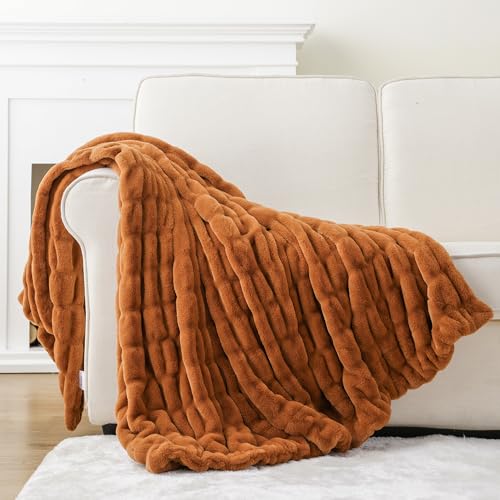 Orange Faux Fur Throw Blanket - 50x60 Inch Double-Sided Cozy Couch Decor