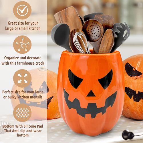 Halloween Ceramic Pumpkin Utensil Holder - Orange Halloween Kitchen Decor