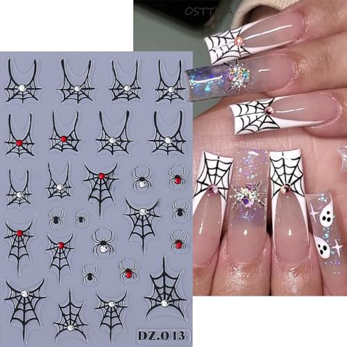 Halloween Nail Stickers with Rhinestones & Spider Web Design - Spiders Variation, 5 Sheets