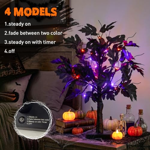 PEIDUO Halloween Black Tree Lights with Removable Leaves and 24 LEDs - Indoor Spooky Decor