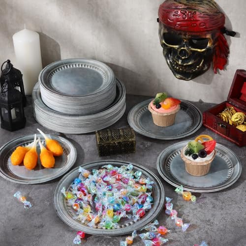 Medieval Party Supplies Set - Pewter Silver Plates & Plastic Forks, Retro Style, Serves 60