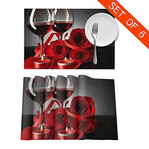 Set of 6 Red Wine Rose Placemats - Washable Table Mats for Dining & Home Decor
