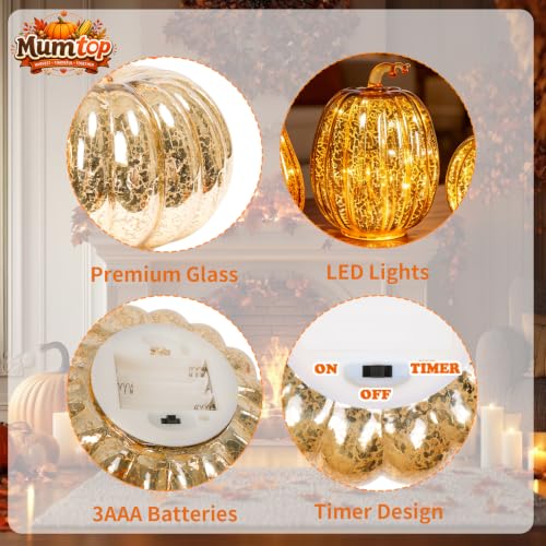 Lighted Mercury Glass Pumpkins Set - Gold Halloween Fall Decor 3pcs