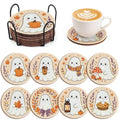 Halloween Ghost Diamond Art Coasters Set with Holder - Wooden DIY Fall Table Decor