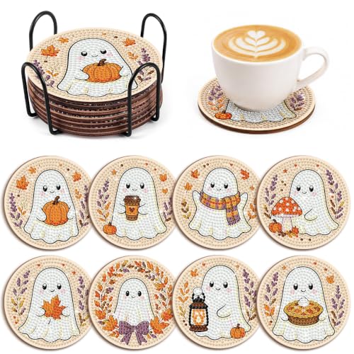 Halloween Ghost Diamond Art Coasters Set with Holder - Wooden DIY Fall Table Decor