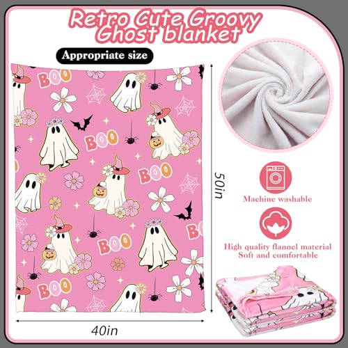 Retro Halloween Ghost Gift Set - Pink Ghost Flower Glass, Flannel Blanket & Keychain