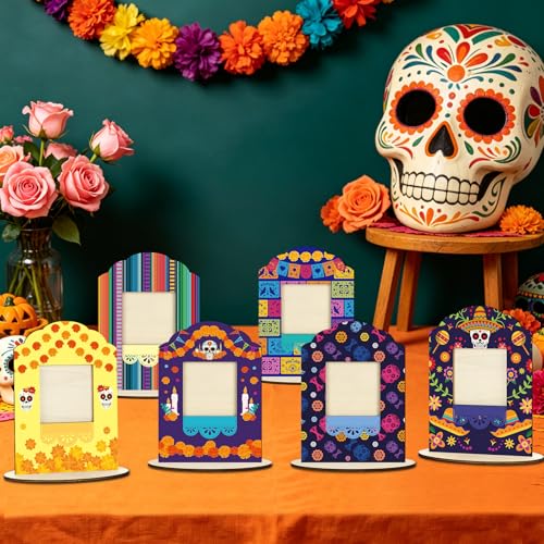 12-Pack Day of the Dead Wooden Photo Frames for Dia De Los Muertos Decorations - Mexican Fiesta Altar Sign Set