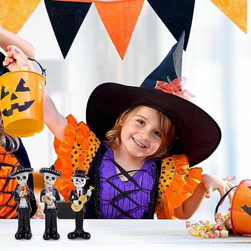 White Day of The Dead Skeleton Figurines with Mariachi Band - Halloween Decor, 3PCS, 5.5In